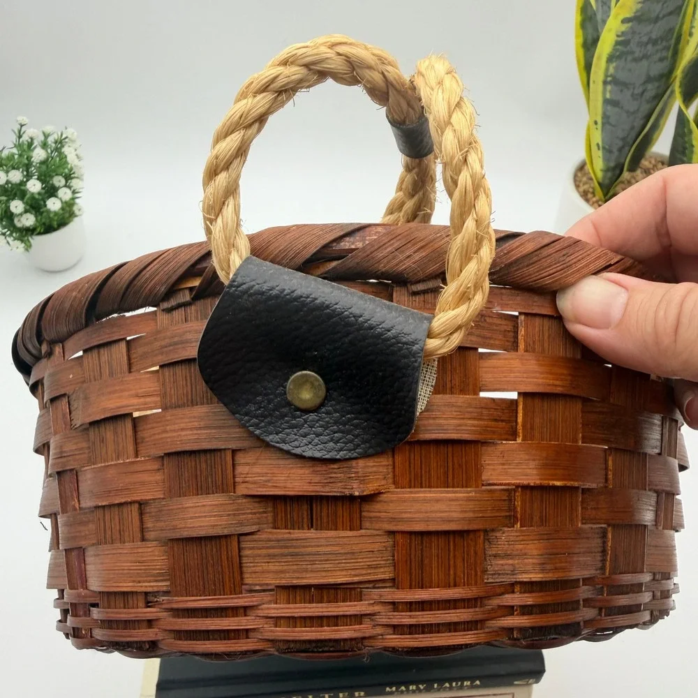 Vintage Woven Bamboo Basket with Rope Handles Made in Japan Dark Reddish Brown